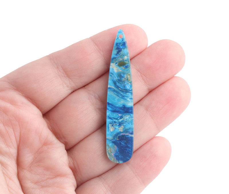 4 Long Teardrop Charms in Light Blue and Gold Marble, Van Gogh Style, Acrylic, 54.5 x 11mm
