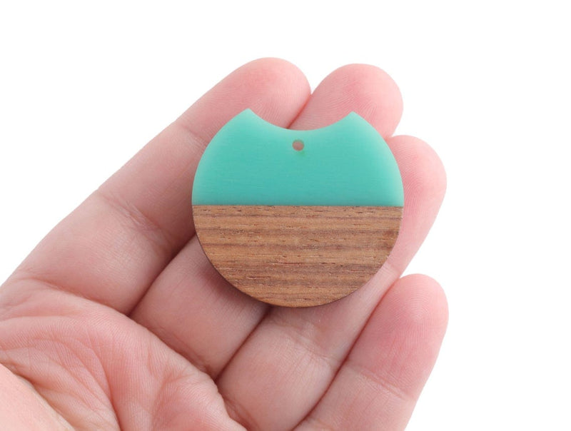 2 Wood and Resin Beads, 37x34mm, Epoxy Resin Jewelry Findings, Large Green Half Moon Pendant, Half Circle Earring Charm Parts, CN239-37-WDN