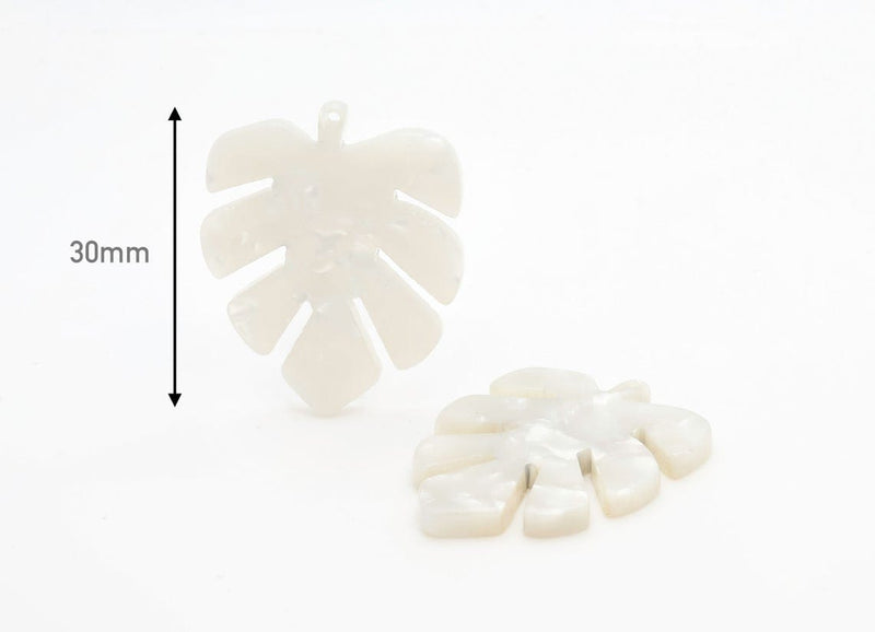 2 White Monstera Leaf Charms, Palm Tree Leaf with Stem, White Pearl Acetate, 30 x 24.25mm