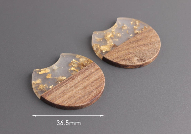 2 Wood and Resin Beads with Gold Foil Leaf Flakes, Large Half Circle Earring Charms, Wood Resin Pendant, Round Circle Cut Out, CN201-37-WDGF