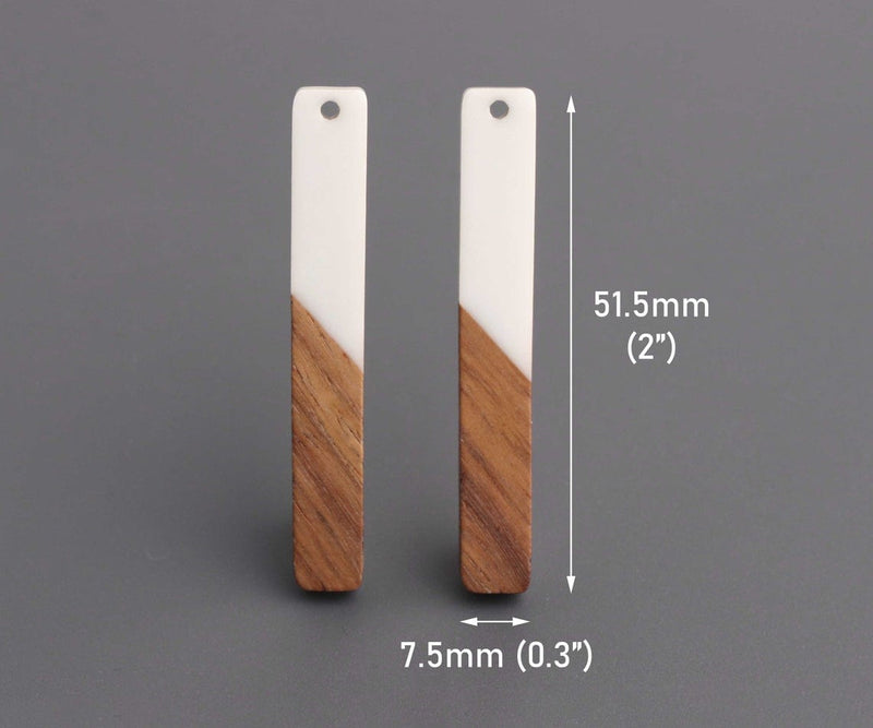 4 Ivory White Resin and Wood Bar Charms, Long Sticks, Real Wood and Epoxy Resin, 51.5 x 7.5mm