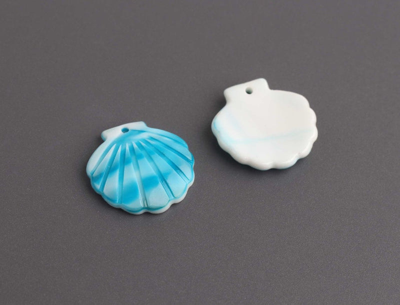 4 Tiny Seashell Charms in Blue and White, Scallop Shell Beads, Marble Acrylic, 19 x 18.5mm