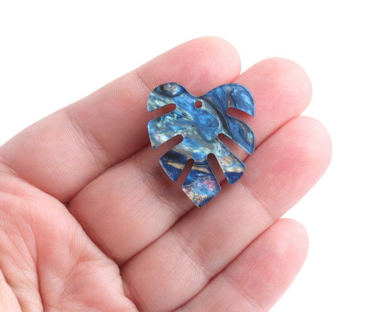 2 Monstera Charms in Blue and Gold Marble, Palm Tree Leaf Shape, Acrylic, 28 x 25mm