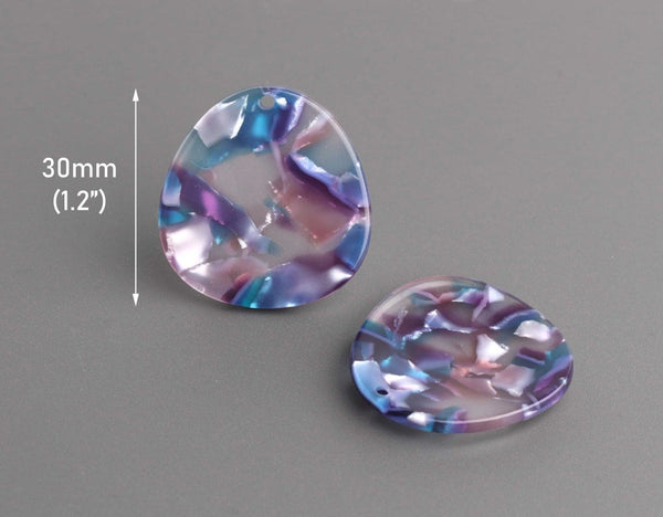 2 Flower Petal Charms with Blue and Purple, Oval Drops, Transparent, Cellulose Acetate, 30 x 28.5mm