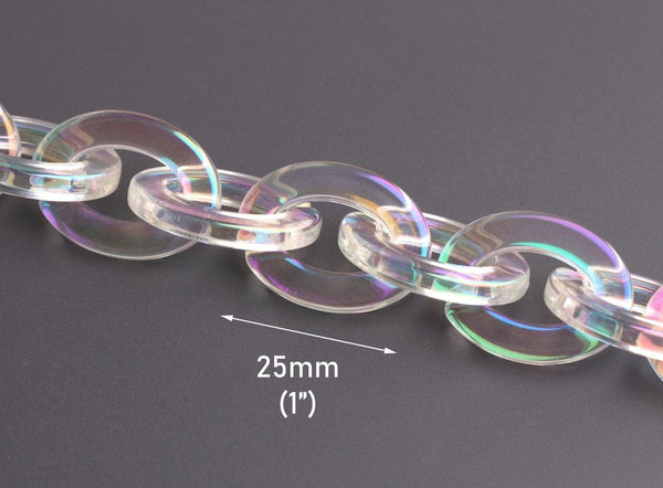 1ft Opal Clear Acrylic Chain Links, 25mm, Transparent and Iridescent, Flat Oval Linking Rings