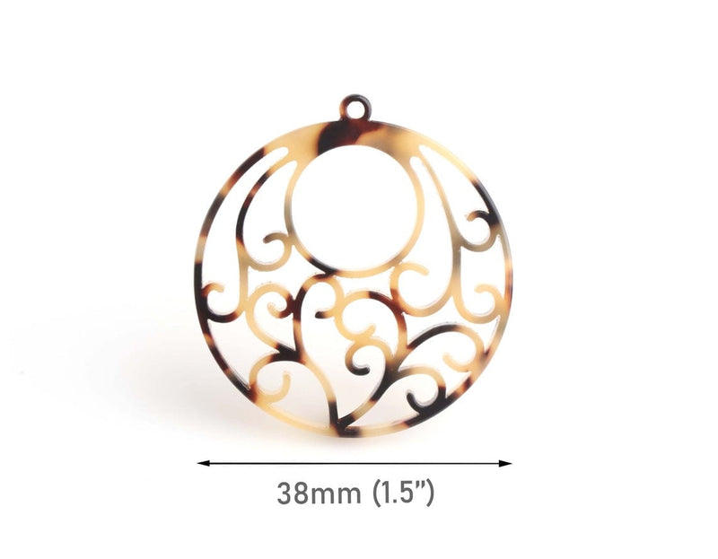 2 Round Filigree Charms in Blonde Tortoise Shell, Scrollwork Pattern, Acetate Plastic, 40 x 38mm
