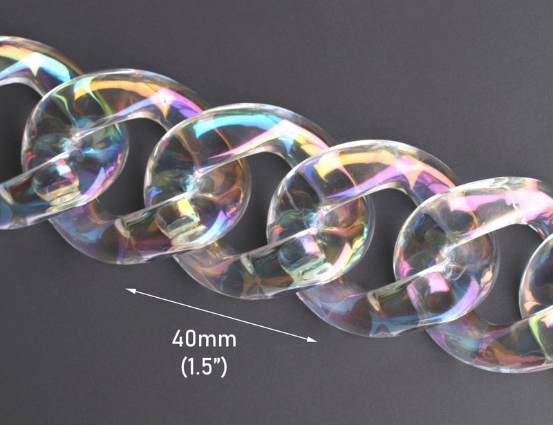 1ft Large Opal Clear Acrylic Chain Links, 40mm, Iridescent, Cute Kawaii, Jewelry Findings