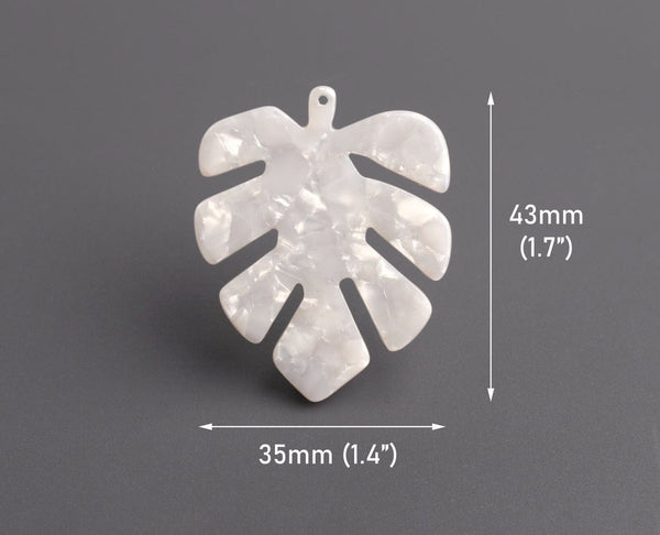 2 Pearl White Monstera Leaf Charms, Palm Leaf Pendants, Cellulose Acetate, 43 x 35mm