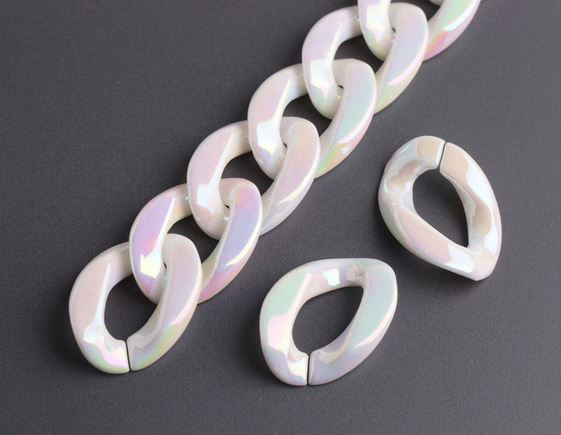 1ft Opal White Acrylic Chain Links, 23mm, Iridescent, Flat Lay Curb Connectors