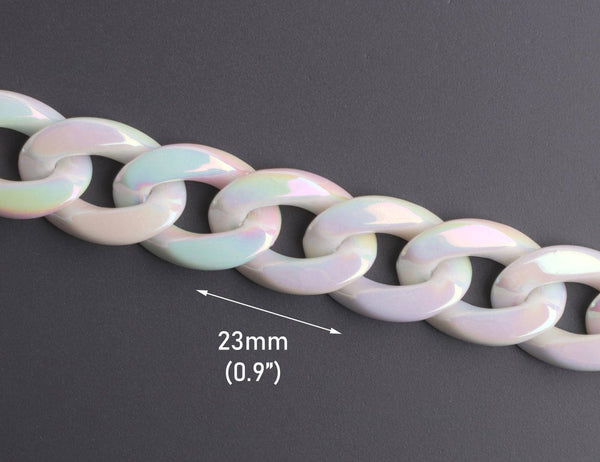 1ft Opal White Acrylic Chain Links, 23mm, Iridescent, Flat Lay Curb Connectors