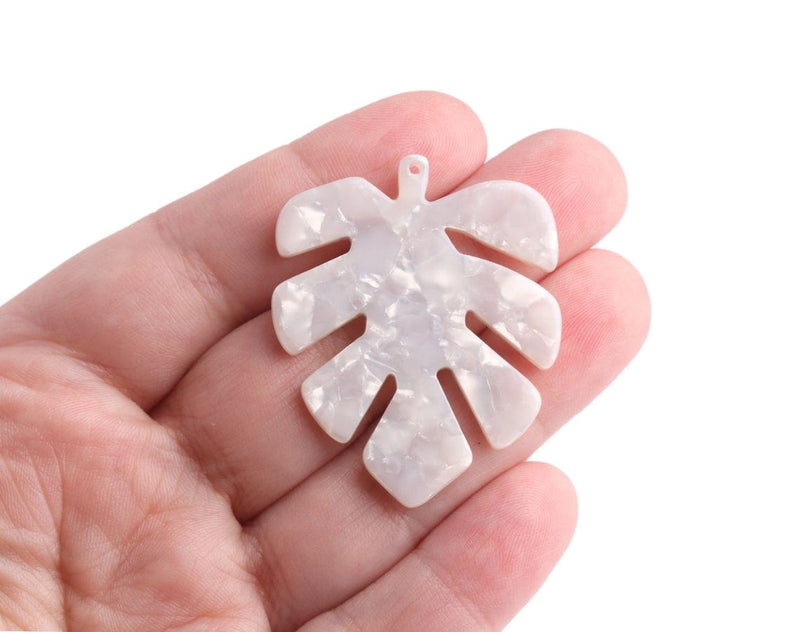 2 Pearl White Monstera Leaf Charms, Palm Leaf Pendants, Cellulose Acetate, 43 x 35mm
