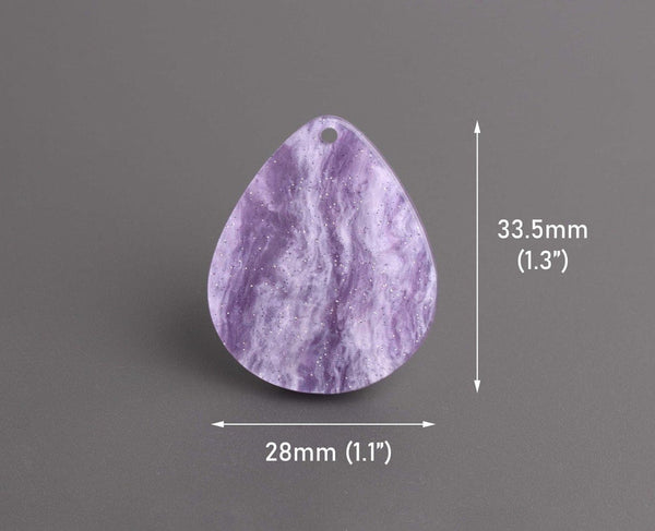 4 Large Teardrop Pendants in Purple Acrylic, Silver Glitter and Marble Ripples, Earring Blanks, 33.5 x 28mm