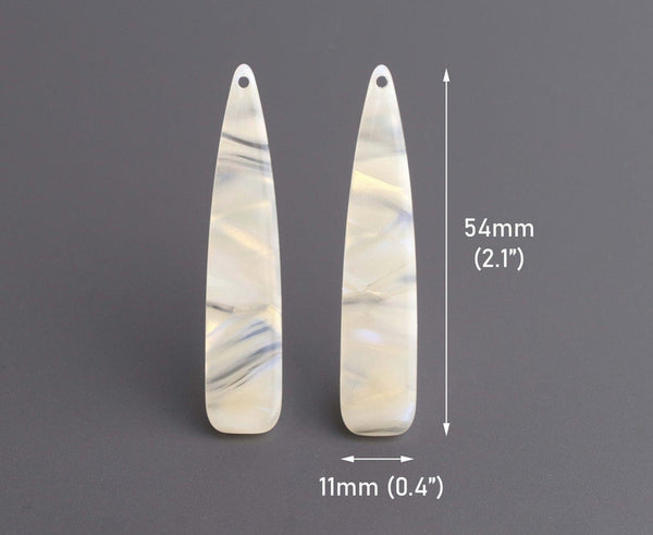 4 Long Teardrop Charms, Creamy Ivory with Gold and Blue Flashes, Nothern Lights Colors, Acetate, 54 x 11mm