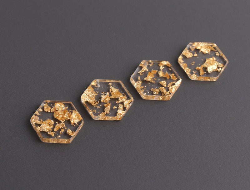 4 Small Hexagon Charms with Gold Leaf Foil Flakes, Transparent, Geometric, Crystal Clear Acrylic Beads, 17 x 15mm