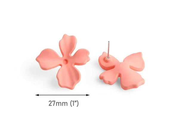 Matte Peach Flower Stud Earring Findings, 1 Pair, Pink and Orange Acrylic, 28.5 x 27mm