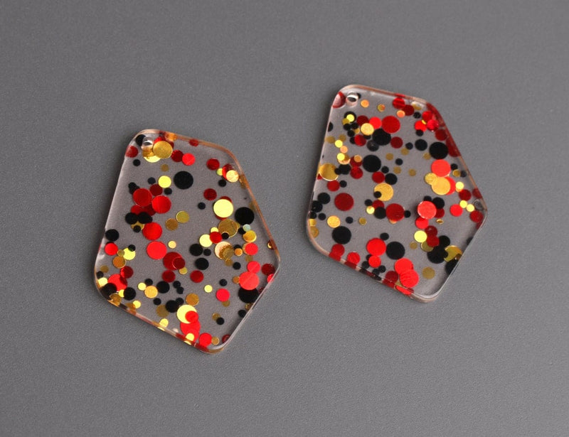 2 Geometric Charms in Red Carpet Gala, Red, Black and Gold, Multicolored Confetti Dots, Clear Acrylic, 37 x 28.5mm