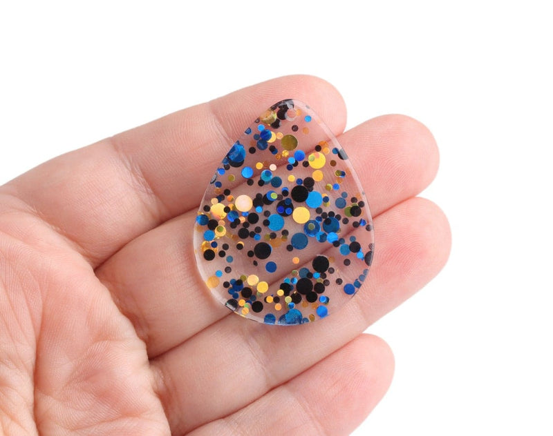 4 Large Teardrop Pendants in Candlight Gala, Dark Blue, Gold and Black, Metallic Confetti Dots, Clear Acrylic Beads, 40 x 31.5mm