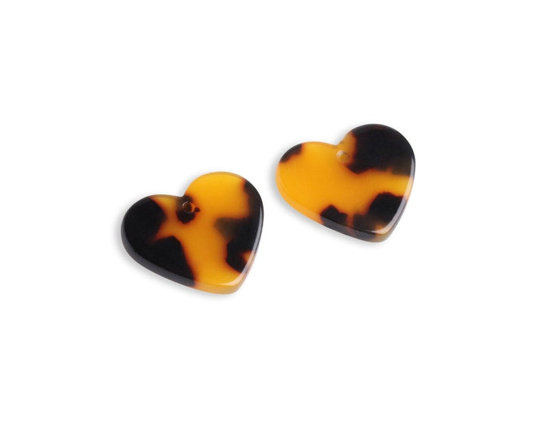 4 Tortoise Shell Heart Charms, Leopard Print Spots, Orange and Brown, Cellulose Acetate, 19.5 x 17mm