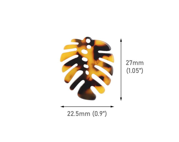 2 Palm Leaf Charms in Tortoise Shell, 1 Hole, Leaf Skeleton Shape, Acetate Plastic, 27 x 22.5mm