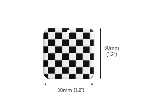 2 Flat Square Charms with a Checkered Pattern, Textured Plastic, Black and White Race Flag, Checkerboard, 30 x 30mm