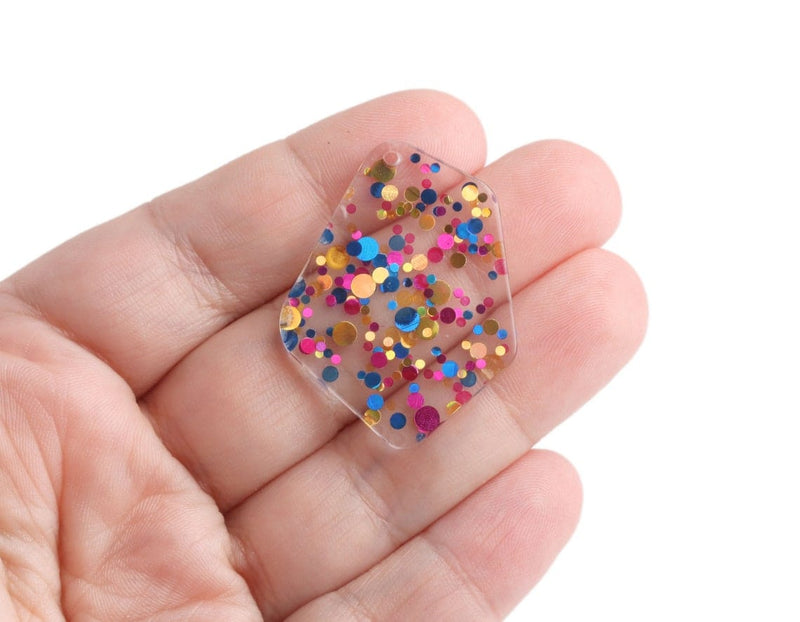 2 Geometric Charms in Cocktail Party, Blue, Pink and Gold, Colorful Confetti Dots, Clear Acrylic, 37 x 28.5mm