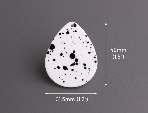 4 Large Teardrop Charms in Matte White with Black Dots, Spray Paint Splatter, Smooth, Acrylic, 40 x 31.5mm