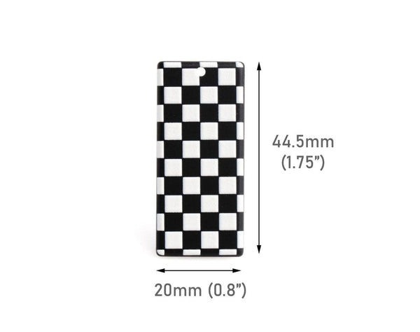 2 Checkered Rectangle Charms, 1 Hole, Black and White, Race Flag and Checkerboard, Textured Plastic Bead, 44.5 x 20mm