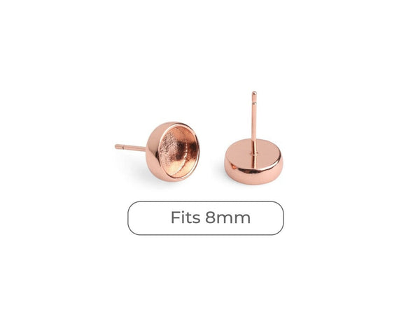 4 Rose Gold Plated Bezel Stud Earring Settings, Deep Base Tray with Round Cup, Thin Frame, Fits 8mm Cabs