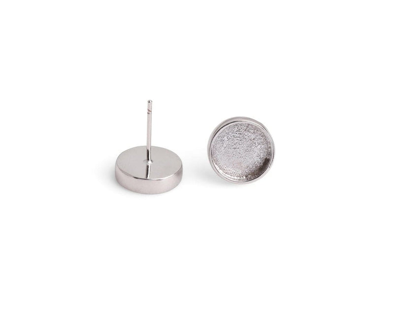 4 Silver Plated Bezel Stud Earring Settings, Deep Base Tray with Round Cup, Metal Brass, Fits 10mm