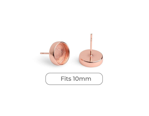 4 Round Bezel Stud Earring Settings in Rose Gold, Metal Brass, Deep Base Tray with Cup and Post, Fits 10mm Cabochons