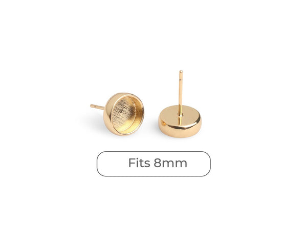 4 Gold Plated Bezel Stud Earring Settings, Deep Base Tray with Round Cup, Metal Brass, Fits 8mm Cabs