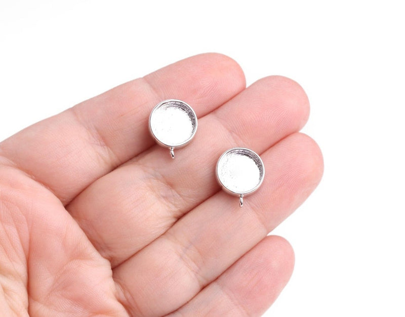 4 Silver Plated Bezel Stud Earring Settings wiht 1 Loop, Deep Base Tray with Round Cup, Fits 10mm Cabs