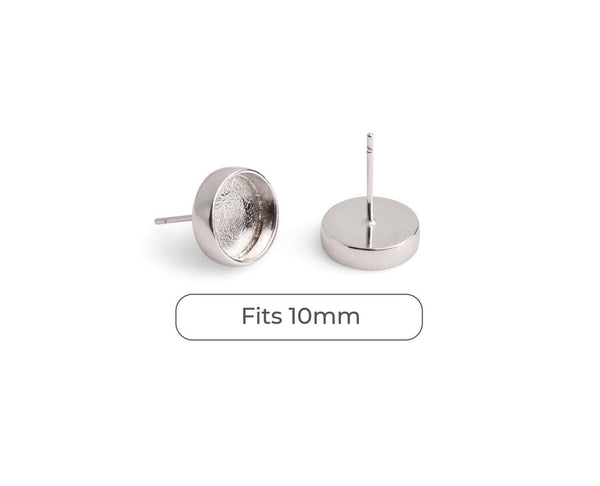 4 Silver Plated Bezel Stud Earring Settings, Deep Base Tray with Round Cup, Metal Brass, Fits 10mm
