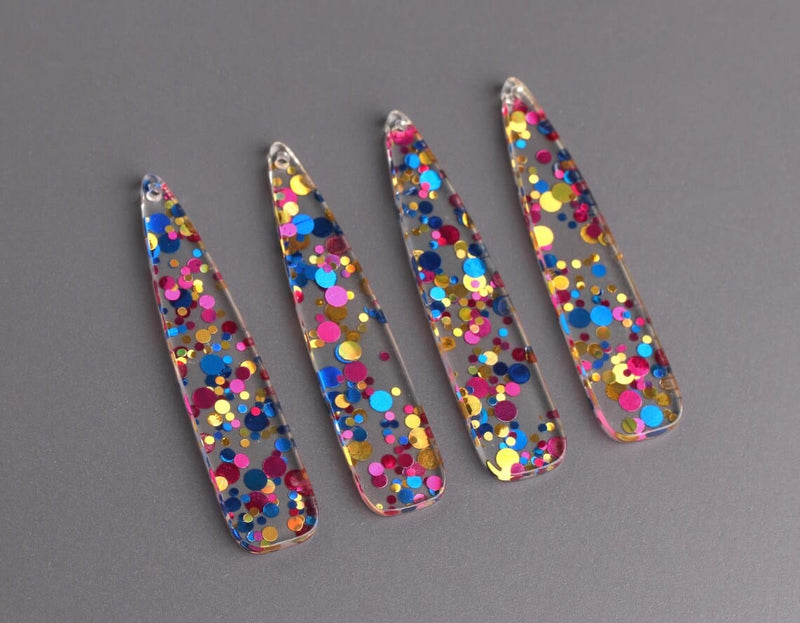 4 Long Teardrop Charms in Cocktail Party, Clear with Pink, Blue and Gold Confetti Dots, Acrylic Plastic, 54.5 x 11.5mm