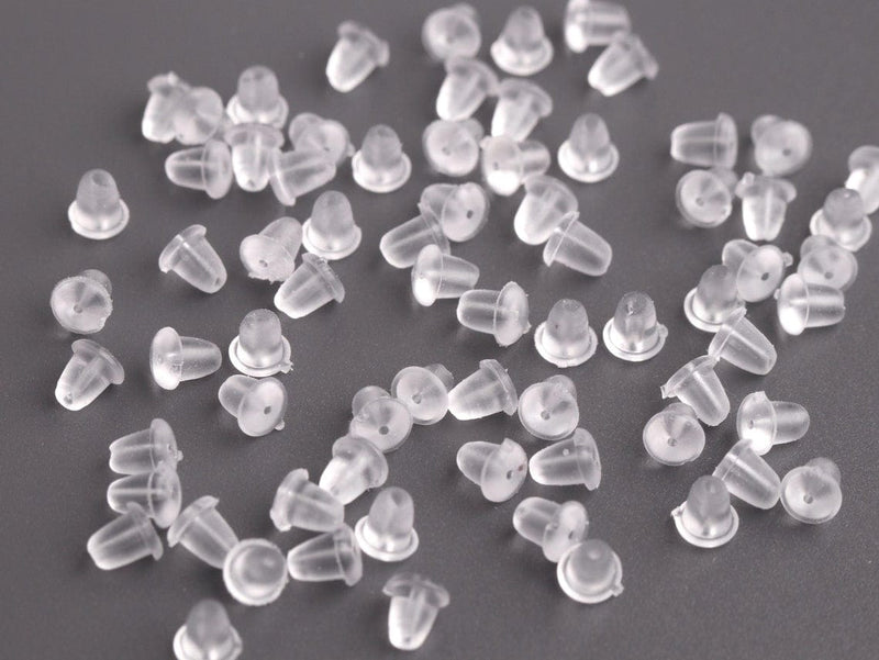 100pcs Plastic Earring Backs in Clear Silicone, Soft Plastic Ear Nuts, Squishy, Bullet Shape, For Sensitive Ears