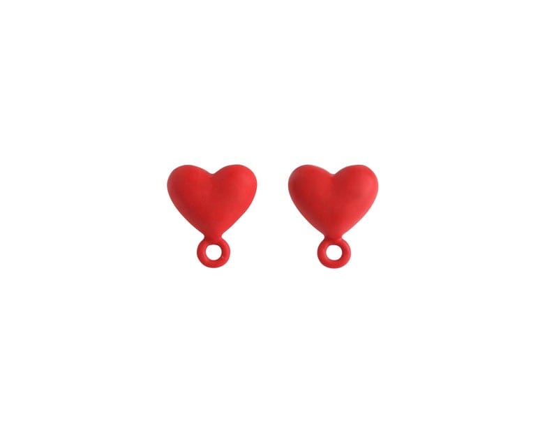 4 Matte Red Heart Ear Studs with Loops, Metal Alloy Posts, Tiny Puffed Heart Studs, Earring Findings, 0.5"