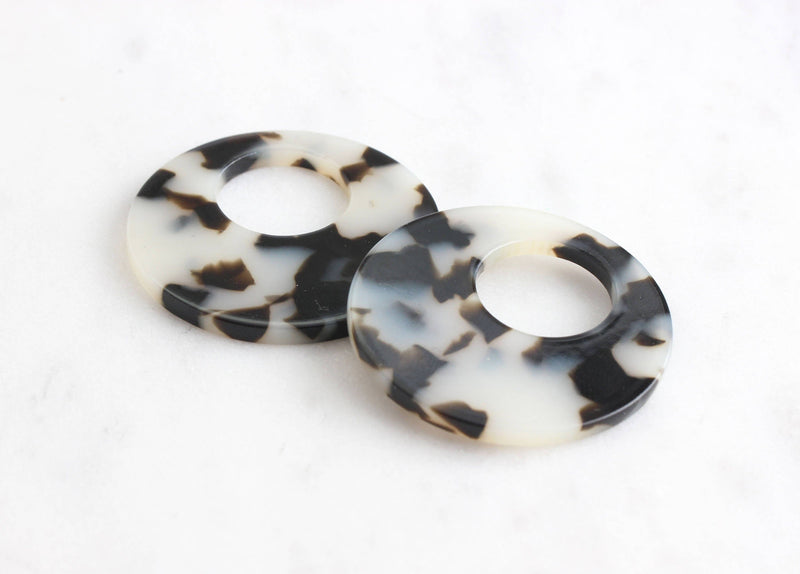 2 White Tortoise Shell Earring Parts, 35mm Rings Big Hoop Bead, Large Ring Bead, Big Hole Ring, Black White Marble Connector RG008-35-WT