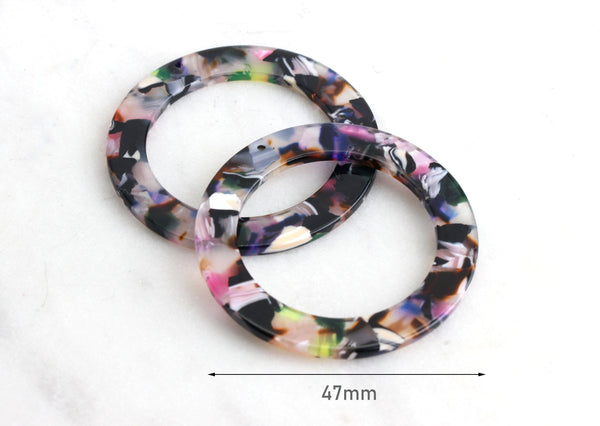 2 Huge Ring Connector in Multicolor Tortoiseshell, Rainbow Link Acetate, Marble Resin Hoop, Extra Large Circle Ring Round Links RG020-47-KMC
