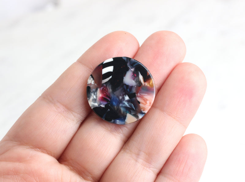 4 Flat Discs in Dark Rainbow Ombre, Flat Round Drops Cellulose Acetate Earrings Blanks Resin Colorful Charms Black Marble Slab LAK013-25-DMC