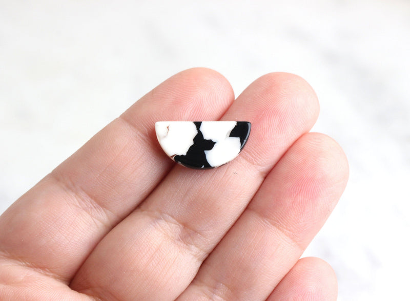 4 Small Half Circle Blanks, No Hole, Black and White Marble, 20 x 10mm