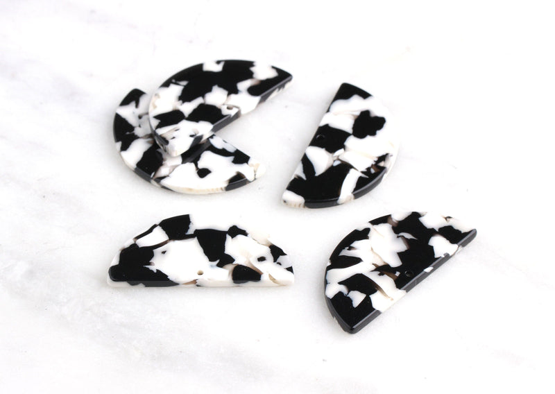 2 Large Half Moon Charm, Black and White Tortoise Shell, Earring Blanks, Cellulose Acetate, 37 x 18mm