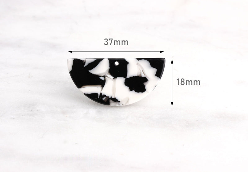 2 Large Half Moon Charm, Black and White Tortoise Shell, Earring Blanks, Cellulose Acetate, 37 x 18mm