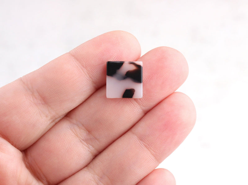 4 Little Square Studs Earring Blanks Acrylic, Flat Square Beads Black White Studs Tortoise Shell Supply, Beads Picasso Finish LAK024-12-WT