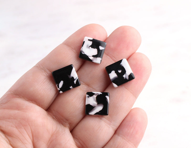 4 Black and White Marble Earring Blanks, Tiny Square Studs, Plastic Stud Earrings, Thick Square Blanks, Tortoise Shell Supply, LAK025-12-BW