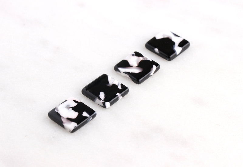 4 Black and White Marble Earring Blanks, Tiny Square Studs, Plastic Stud Earrings, Thick Square Blanks, Tortoise Shell Supply, LAK025-12-BW