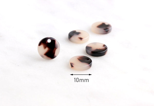 4 Small Coin Drops 10mm, 1 Hole Circle Flat Disc White Tortoiseshell Acrylic Earring Blanks, Double Sided Flat Round Coin Charm, CN010-10-WT
