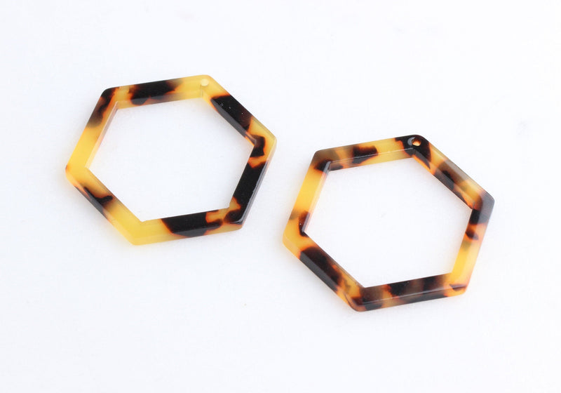 2 Thin Hexagon Charms, Hexagon Outline, Faux Tortoise Shell Beads, Brown Tortoise Earring Findings, Large Hexagon Links, DX030-37-TT