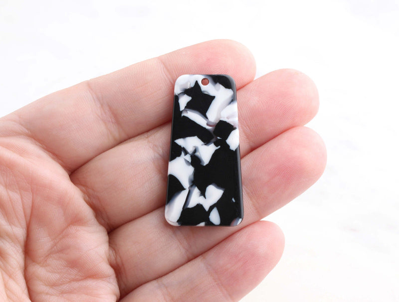 2 Trapezoid Shape Pendant, Black and White Marble, Cellulose Acetate, 37 x 19mm