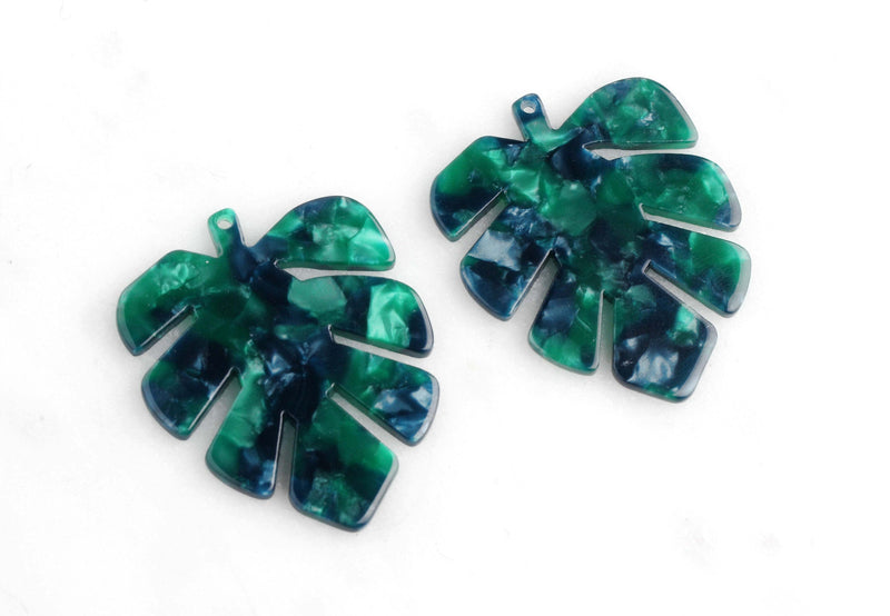 2 Green Monstera Leaf Charms, Vintage Green Tortoise Shell, Cellulose Acetate, 43 x 35mm