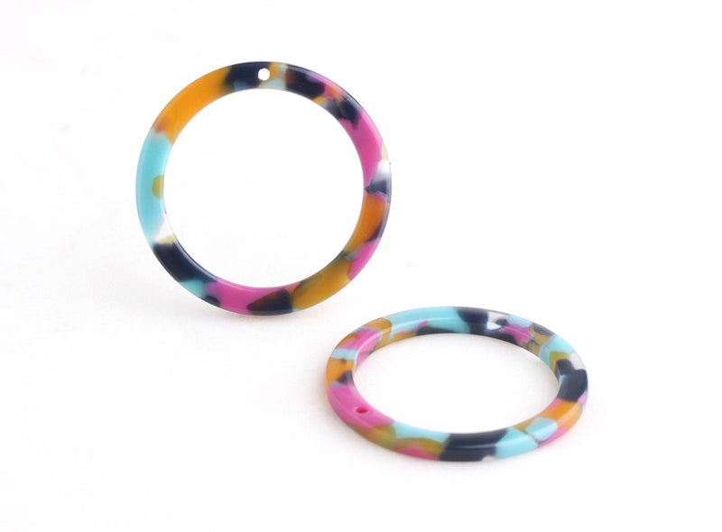 2 Large Circle Loop Pendant in Blue Pink Yellow, Confetti Tortoise Shell Rings, Large Circle Link, Pink Cellulose Acetate Ring, RG052-32-UPY